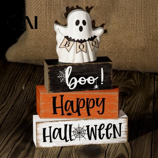 Orange And Black Party Props Halloween Ghost Decoration, Wooden Sign Tiered Tray Ornament, Farmhouse Desktop Festive Ornaments Tabletop Centerpiece