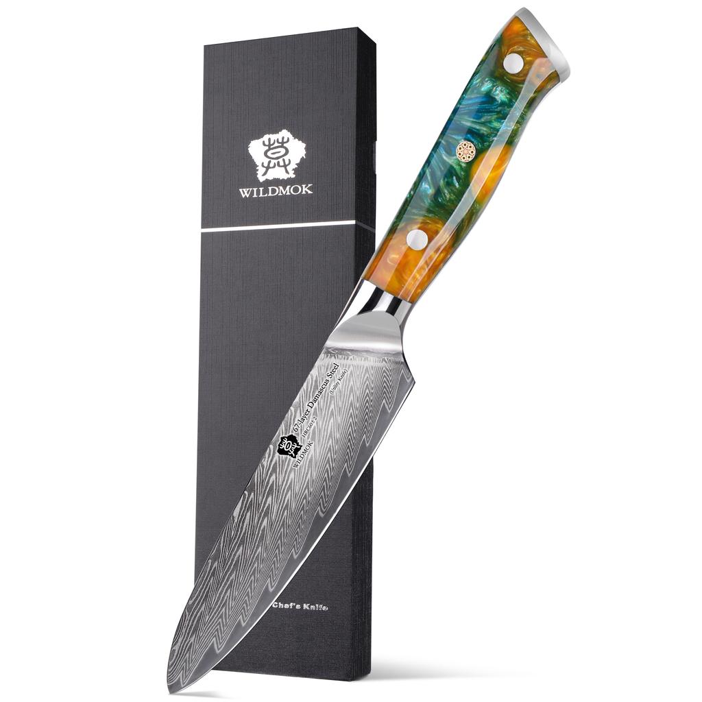 WILDMOK High Quality 5 Inch Utility Damascus Knife 67 Layers Damascus Steel Kitchen Paring Knife with Yellow Resin Handle