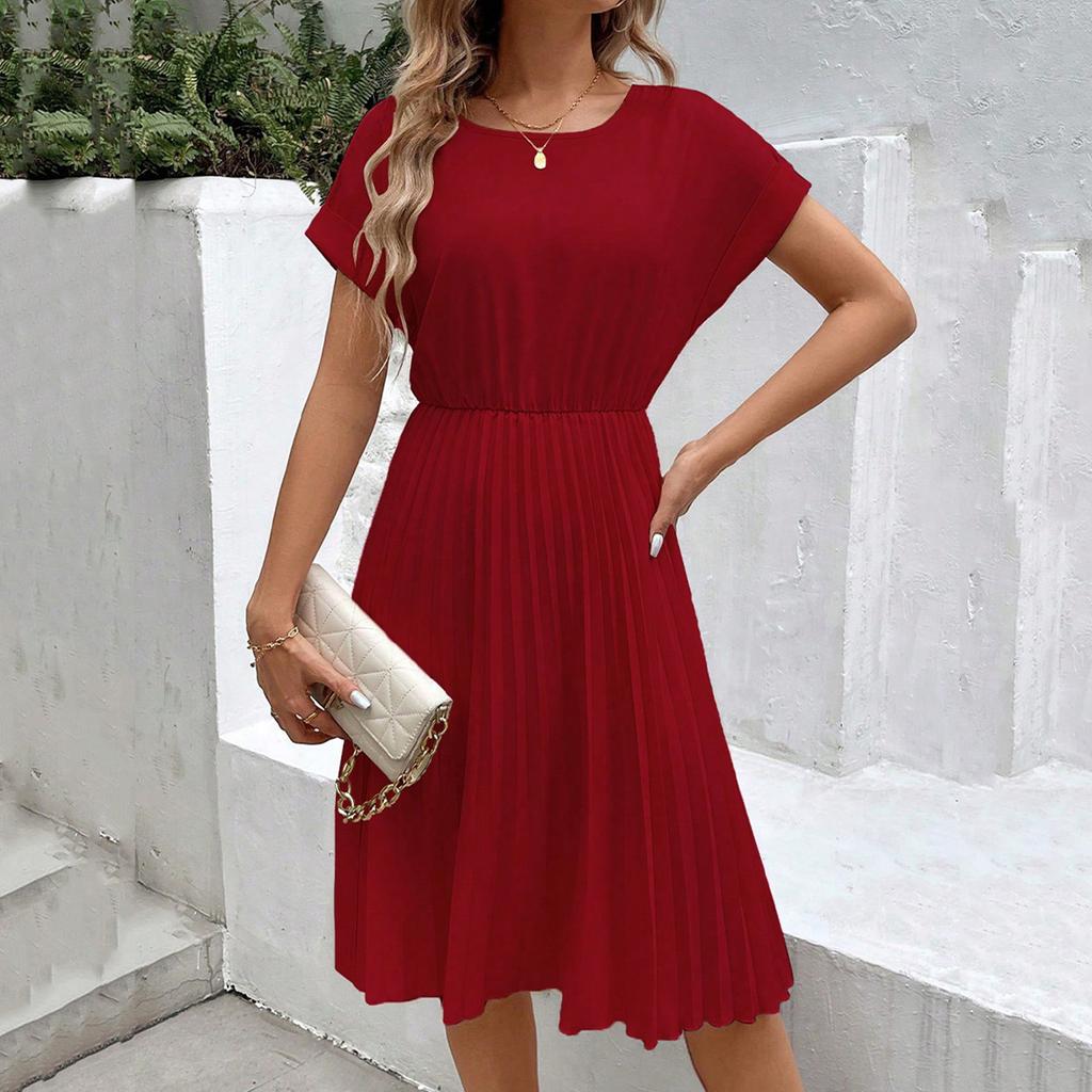 Women's casual round-neck pleated Women's A-line long dress with short sleeves