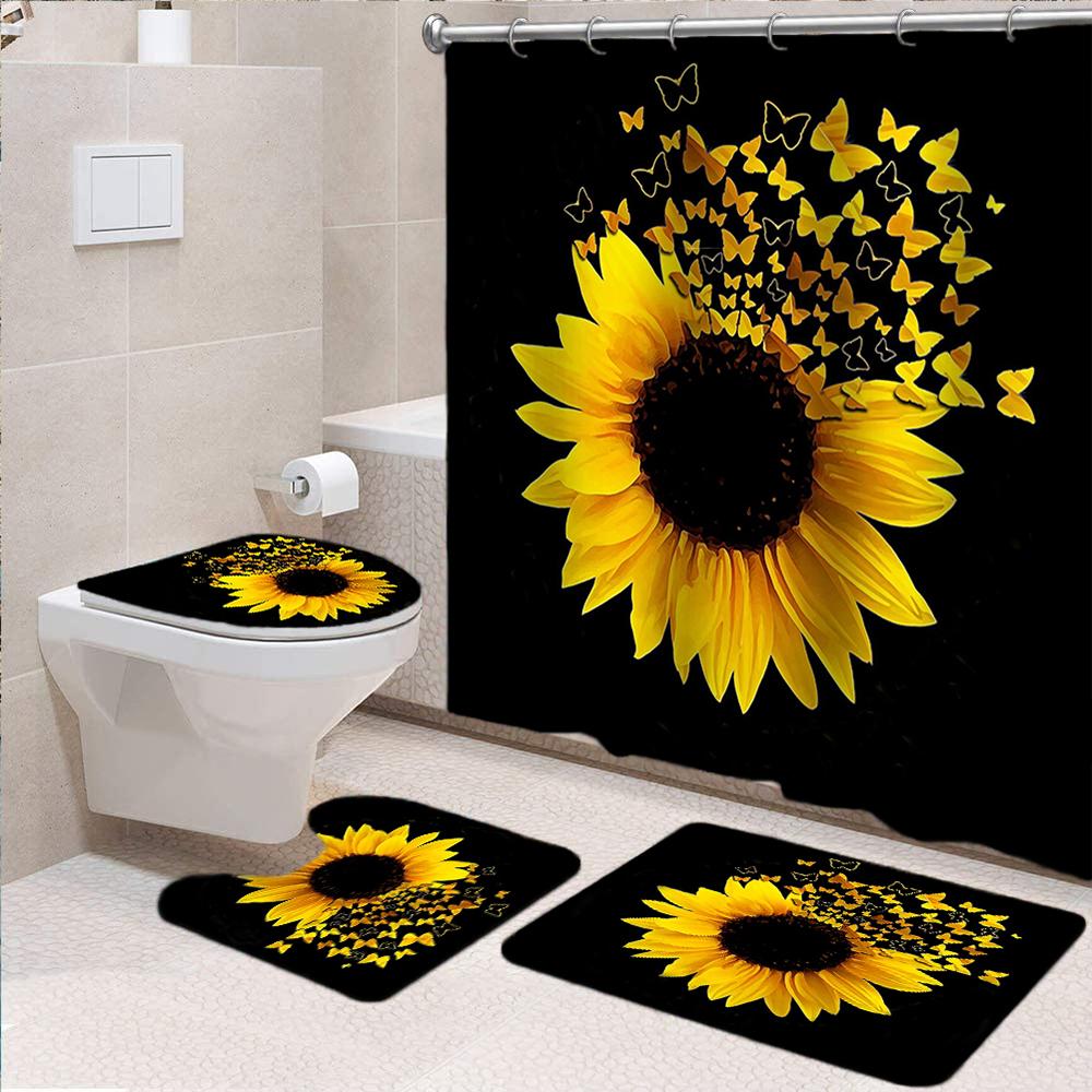 Sunflower Butterfly Waterproof Shower Curtain Bathroom Mats Set Toilet Lid Cover Rugs Anti Slip Carpets Shower Room Floor Mats