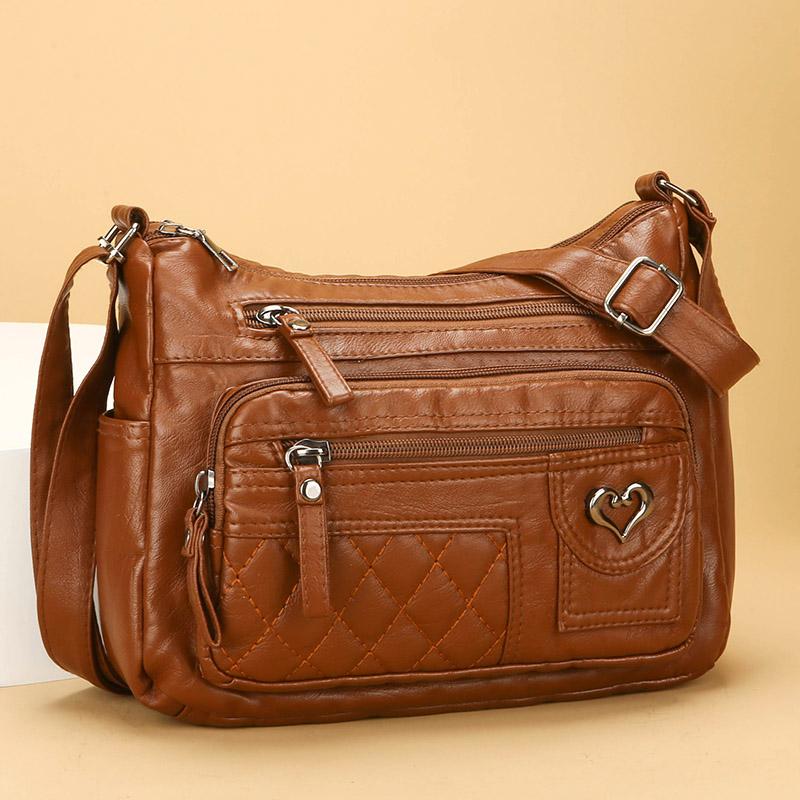 Geantă Moale din Piele cu Straturi Multiple Geantă de Umăr Crossbody pentru Femei Geantă pentru Mamă Geantă pentru Femei de Vârstă Mijlocie
