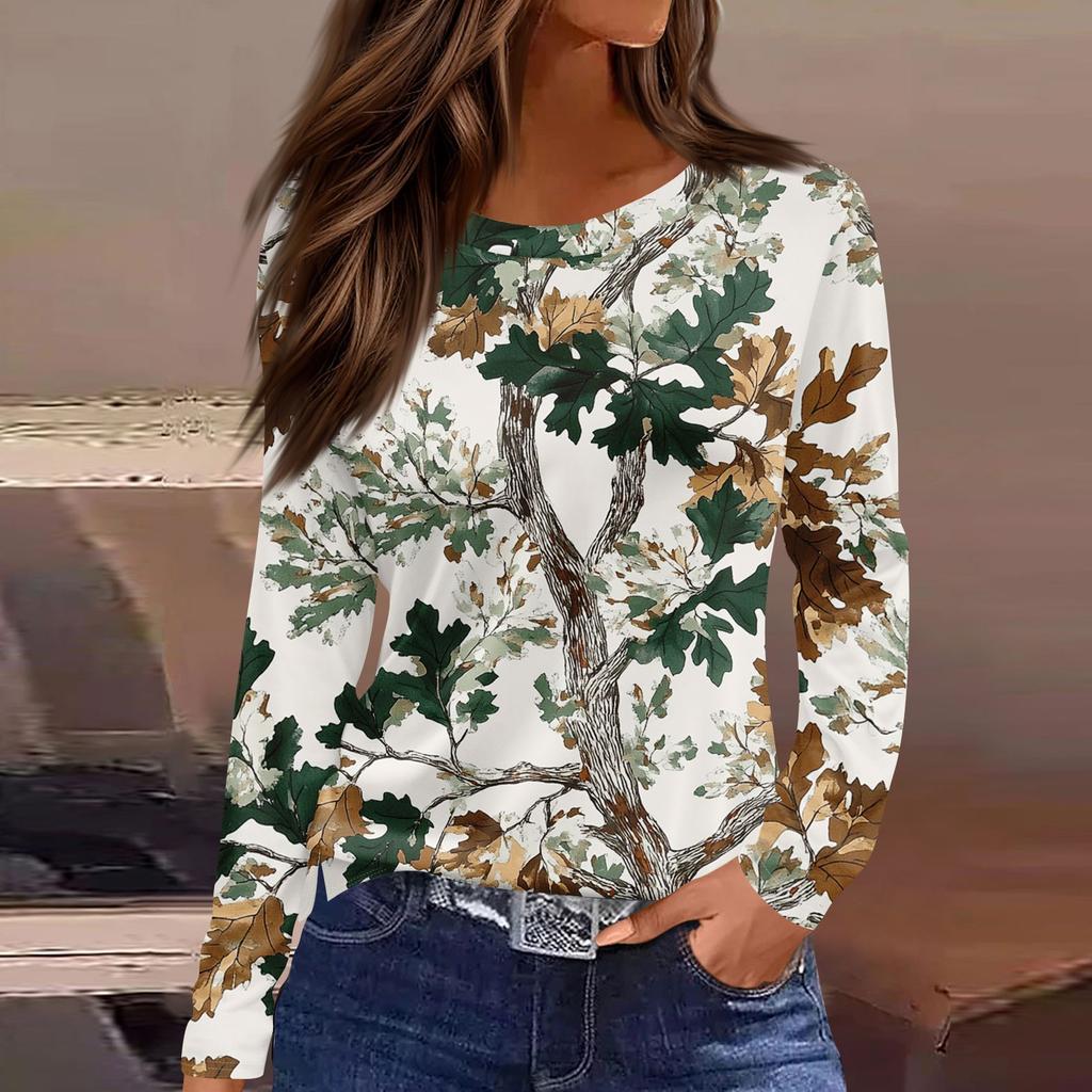 Damenmode Saumschlitz Lässig Totblatt-Print Rundhals Langarm Oberteil