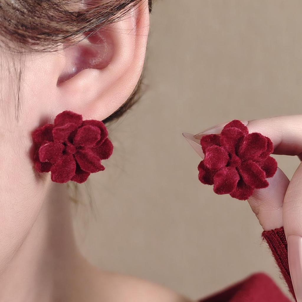 2024 Burgunderrote Ohrringe mit Schleife: Silbernadel, eleganter chinesischer Stil für Neujahr und Frühlingsfest