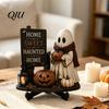 Halloween Party Tabletop Centerpieces Reading Ghost Figurine, Wooden Desktop Ornaments, Vintage Pumpkin Decor Statue with Stand for Home Fireplace