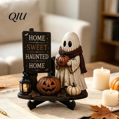 Halloween Party Tabletop Centerpieces Reading Ghost Figurine, Wooden Desktop Ornaments, Vintage Pumpkin Decor Statue with Stand for Home Fireplace