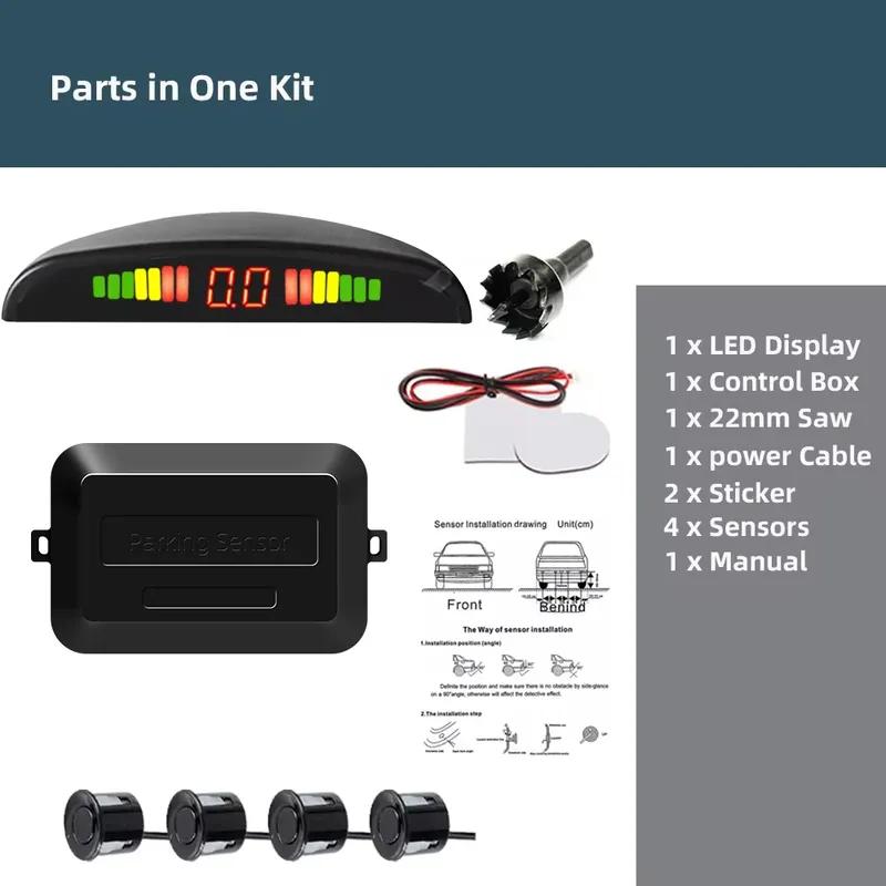 Kmind Car Rear Parking Sensor Kit System 4 Reversing Radar Sensors 12V 22mm Reverse Monitor LED ScreenSound Alert Indicator