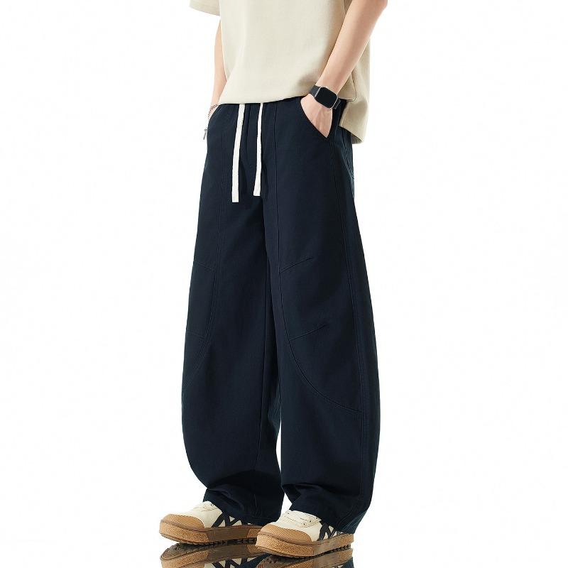 Trendy Brand Splicing Drawstring Casual Pants Men's Pure Cotton Loose Wide-leg Drape Lace-up Tooling Trousers