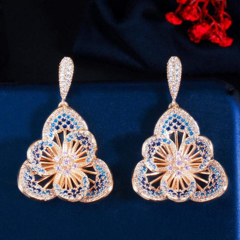 CMM Gorgeous Gold Color Zirconia Flower Hollow Carved Drop Earrings