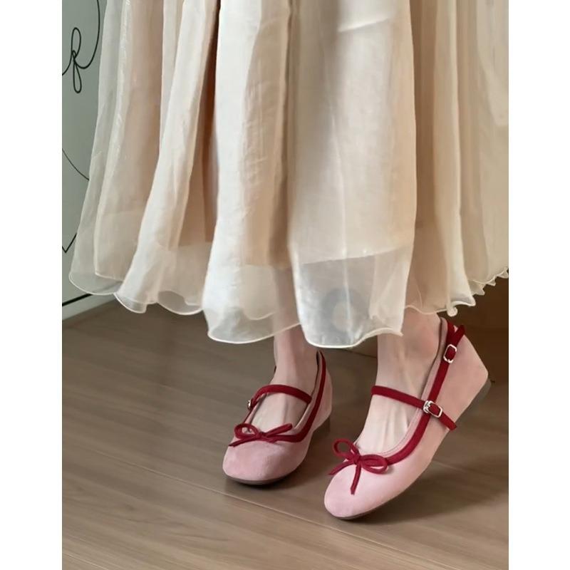 Schafsleder-Version~ Rosa Innenhöhe 5cm Ballerinas Damen Abendschuhe Mary Jane Schleife Leichte Mund Einzelne Schuhe