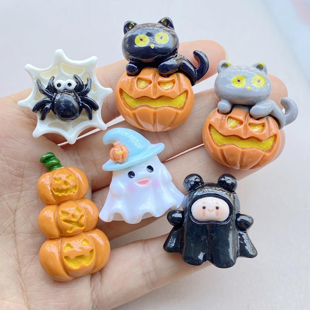 6Pcs New Cute Resin Cartoon Halloween Spiders, Pumpkins, Cats Series Flat Back Parts Embellishments For Hair Bows Accessories