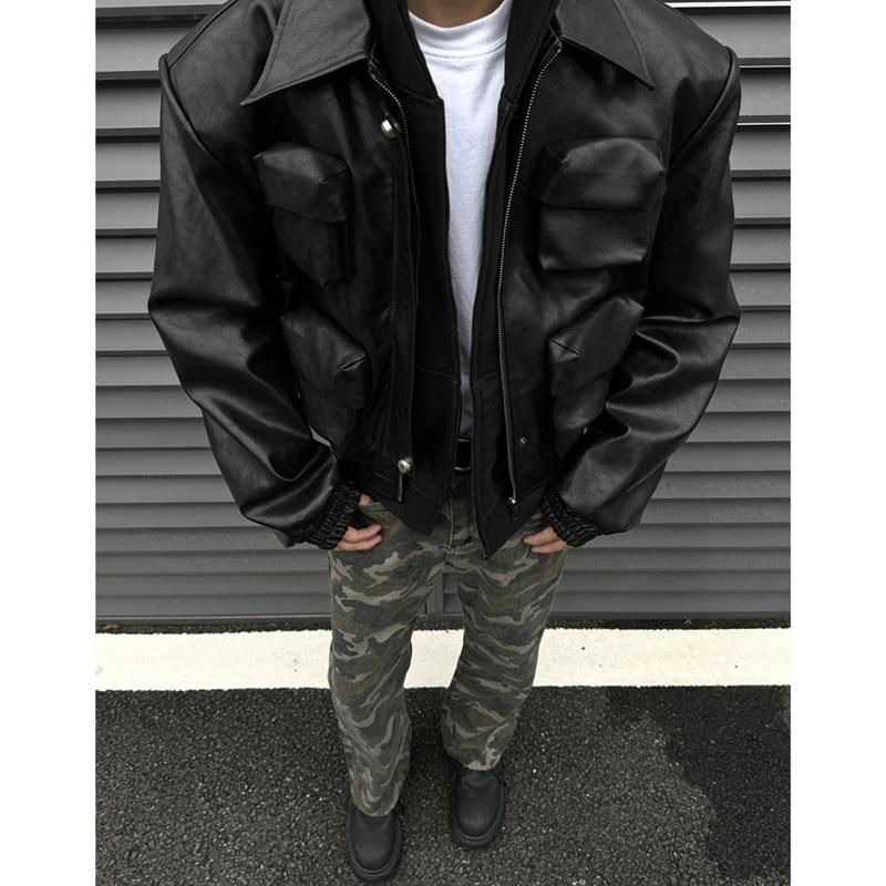 American retro high-end silhouette short leather jacket men's and women's multi-pocket lapel ruffian handsome fried street motorcycle leather jacket