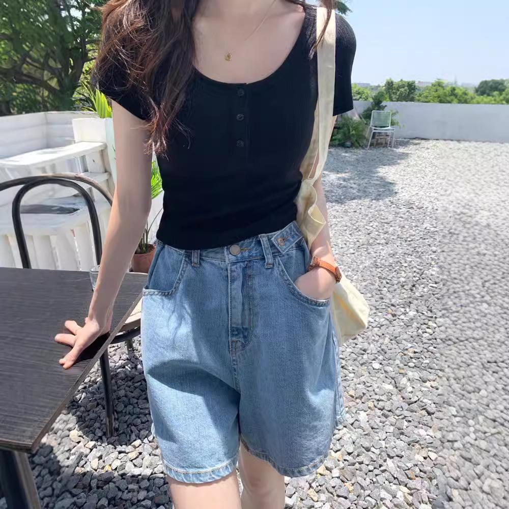 Solid Color High Waist Short Navel Short Sleeve T-shirt for Women In Summer New Design Pit Slim Button Top