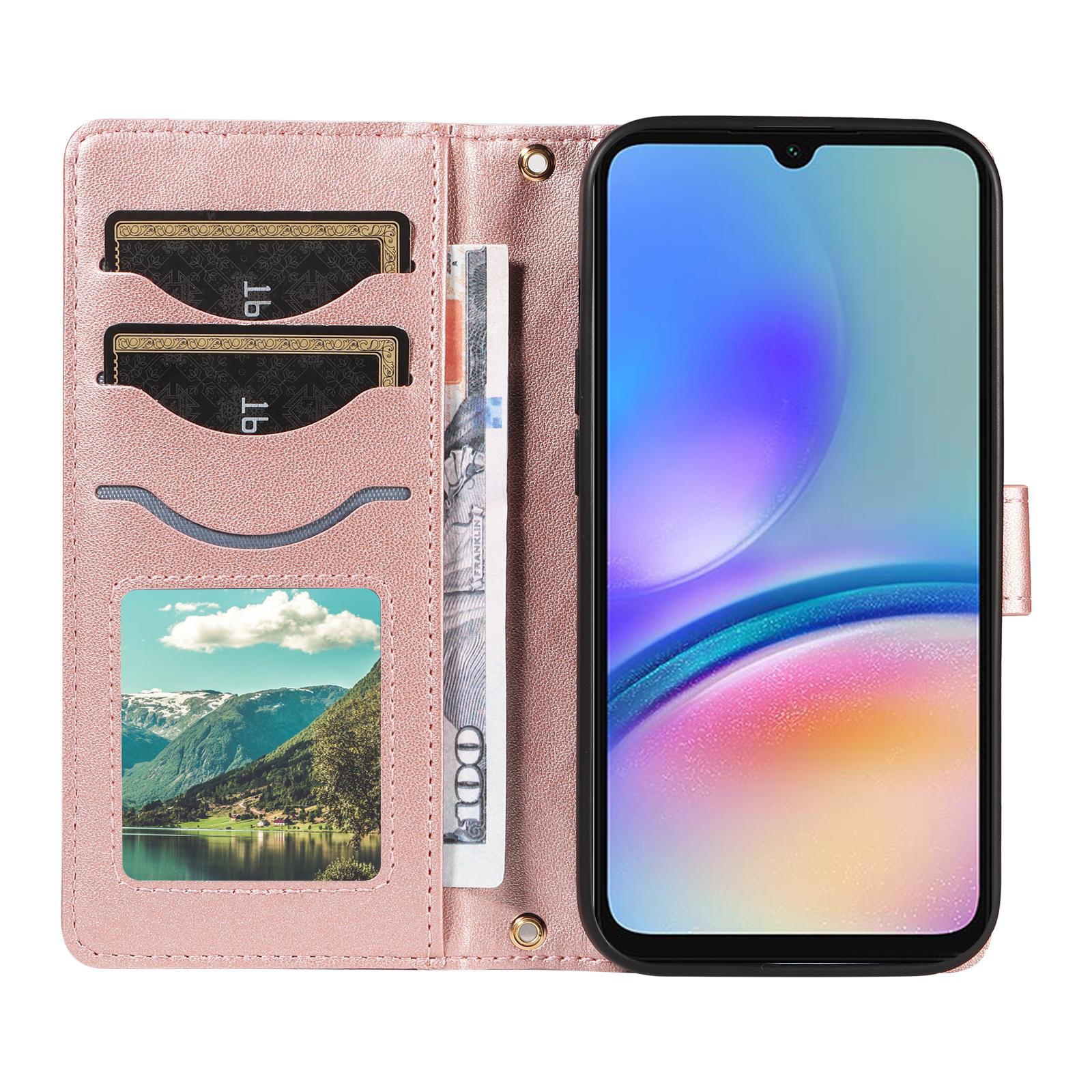 

For Samsung Galaxy A05s 4G Case Wallet Rhombus Leather Phone Cover with Shoulder Strap,Wrist Strap Rose Gold