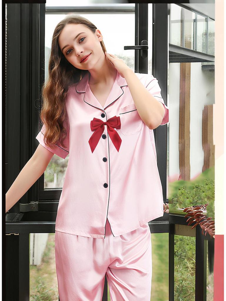 Girls' Imitation Silk Pajama Set - Short Sleeve Top & Long Pants, Lapel Design, Spring/Summer Homewear