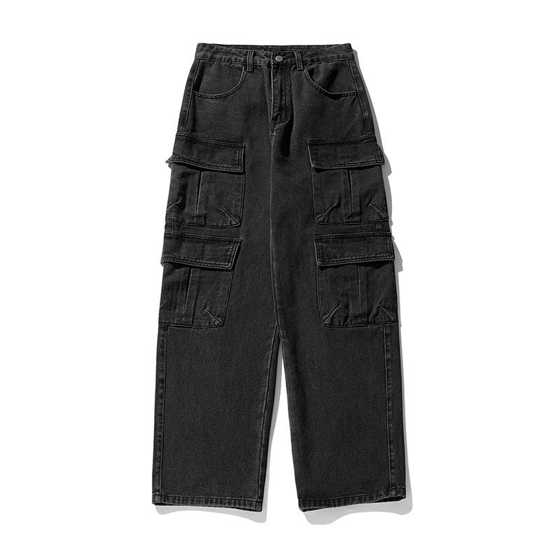Japanese Style Men's Multi-Pocket Denim Pants Spring Autumn Washed Trousers Loose Casaul Long Pants