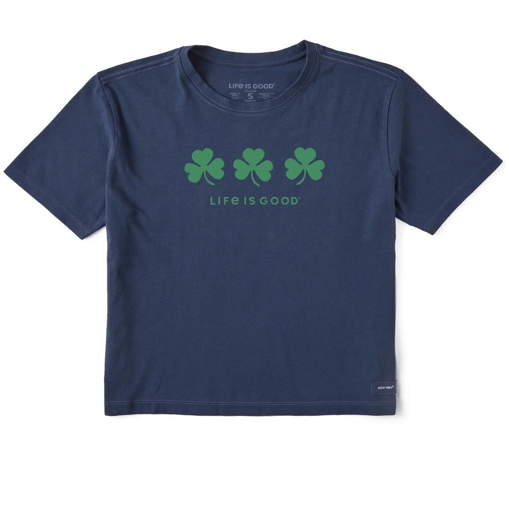 Life is Good Women's Three Shamrocks Short Sleeve Crusher Boxy Tee, Darkest Blue