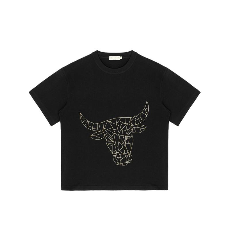 Geometric Bull Head Print T Shirt Black Unisex Casual Streetwear Top for Men and Women