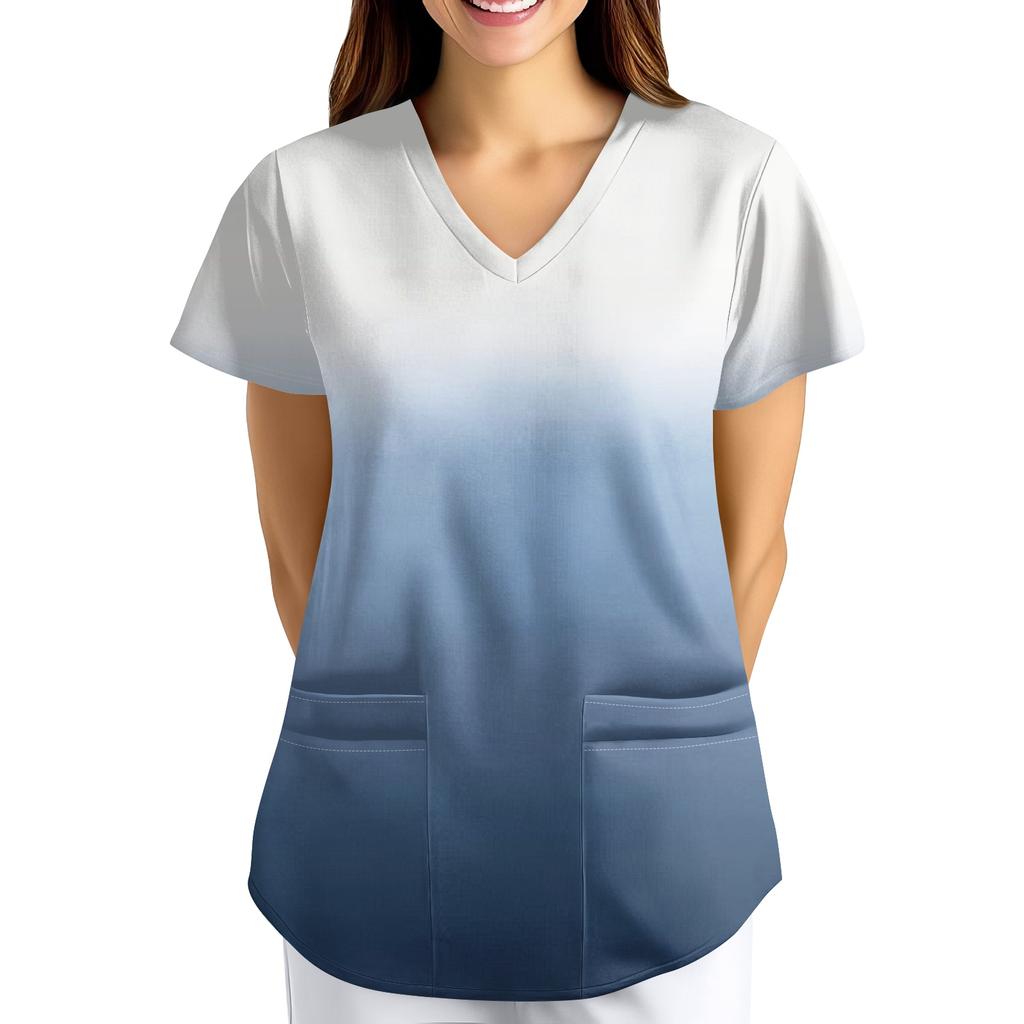 ÜbergrößeBedruckte Kasack Arbeitsuniform Oberteile für Damen V-Ausschnitt mit Überkreuzung Print Kurzarm Lustige T-Shirts Arbeitskleidung T-Shirt mit Taschen