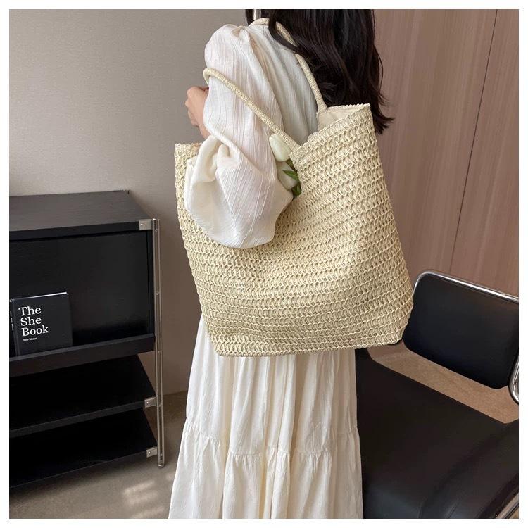 

1 шт. Большая вместительная стильная хаки соломенная сумка-тоут для женщин, большая пляжная сумка на молнии - Хаки/Бежевая плетеная сумка для путешествий