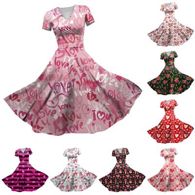Vestido de princesa sexy para mujer, escote en V, estampado para el día de San Valentín, cintura ajustada, plisado, manga corta