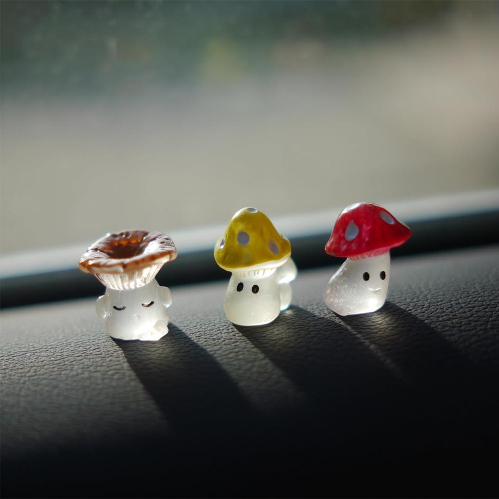 10Pcs Cute Glow in Dark Mini Mushroom Resin Figurines Car Interior Decoration Rearview Mirror Accessories Dashboard Ornament for Micro Landscape