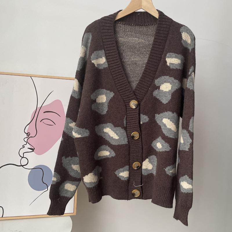 Hirsionsan Myk strikket Leopard Cardigan Dame 2023 Høst Ny V-hals Y2k Crop Dame Genser Oversized Varme Dameklær
