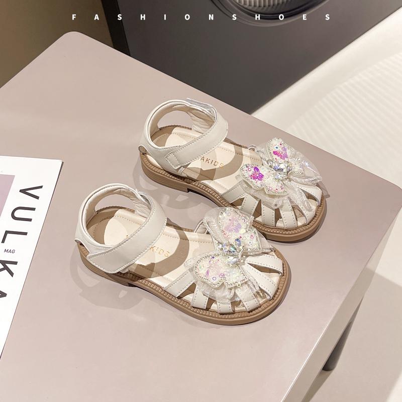 Girls Hollow Toes Capped Shoes Kids Rhinestone Beach Shoes Lace Mesh Summer Fashion Children Princess Sandals with Bow-knot