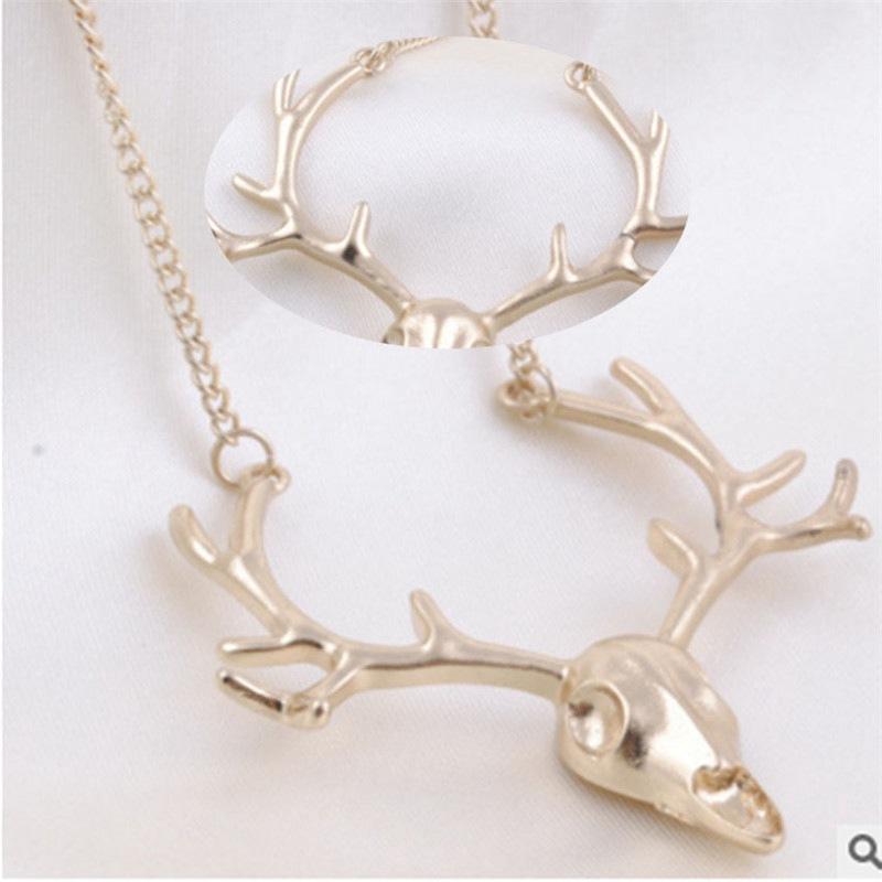 

LONG GOTH NECKLACE gold plated BIG STAG HEAD SKULL antler PUNK deer antlers