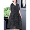 Vintage Damen Schwarzes Blumenkleid Koreanische Mode Sommer Neu Große Größe Halbarm V-Ausschnitt Pullover Lässiges Damen Gaze Langes Gewand