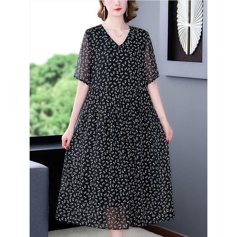 Vintage Damen Schwarzes Blumenkleid Koreanische Mode Sommer Neu Große Größe Halbarm V-Ausschnitt Pullover Lässiges Damen Gaze Langes Gewand