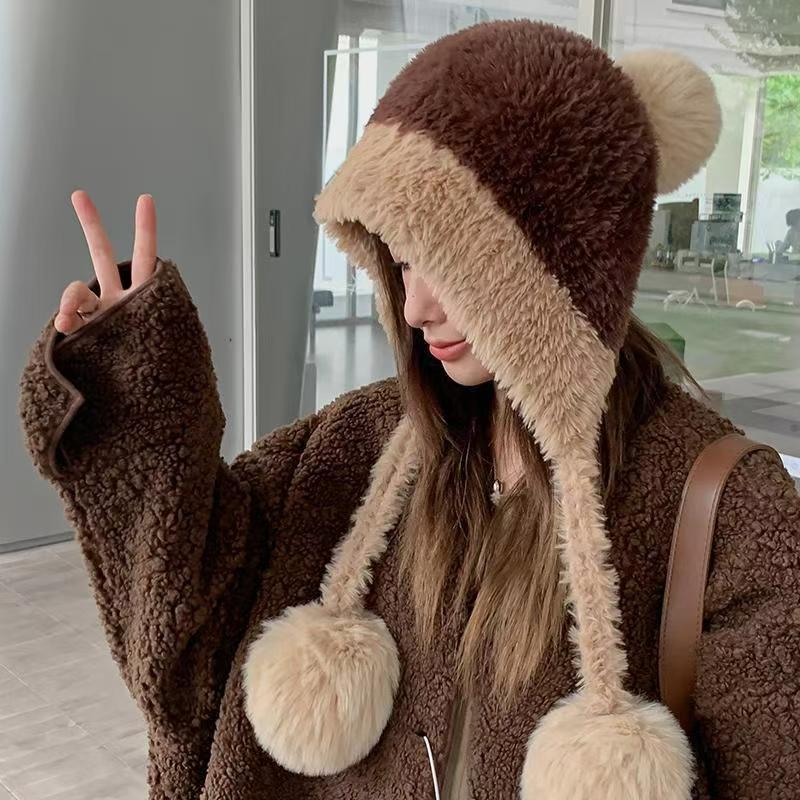 

Women s Plush Hat Winter Face Slimming Fleece Lined Thickened Knitted Pom Pom Warm Ear Flap Beanie Wool Hat кофейный