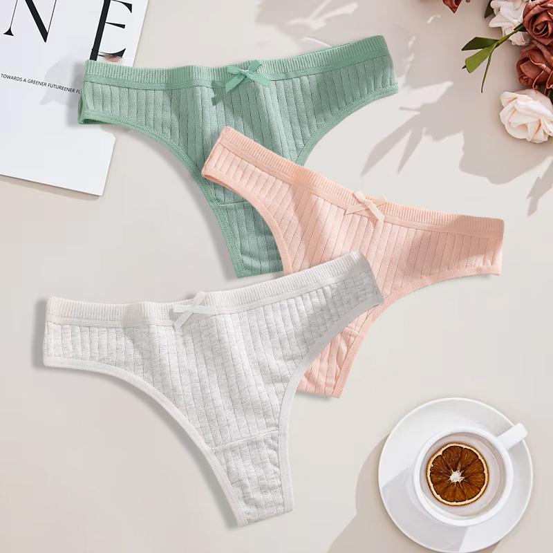 Duży Rozmiar 3 Szt. Damskie Bawełniane Stringi Seksowne Prążkowane Oddychające Majtki Codzienna Urocza Bielizna z Kokardką Dziewczęca Niska Talia G-String Lingerie