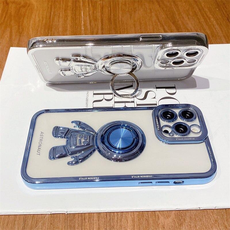 Luxury Plating Soft Silicone Astronaut Bracket Phone Case For iPhone 13 12 11 Pro Max X XR XS Max 14 Plus Ring Holder Back Cover