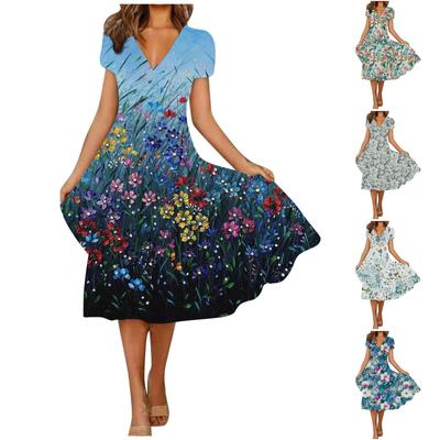 Women's Summer Casual Fashion Floral Print Short Sleeve V-Neck Swing Dress