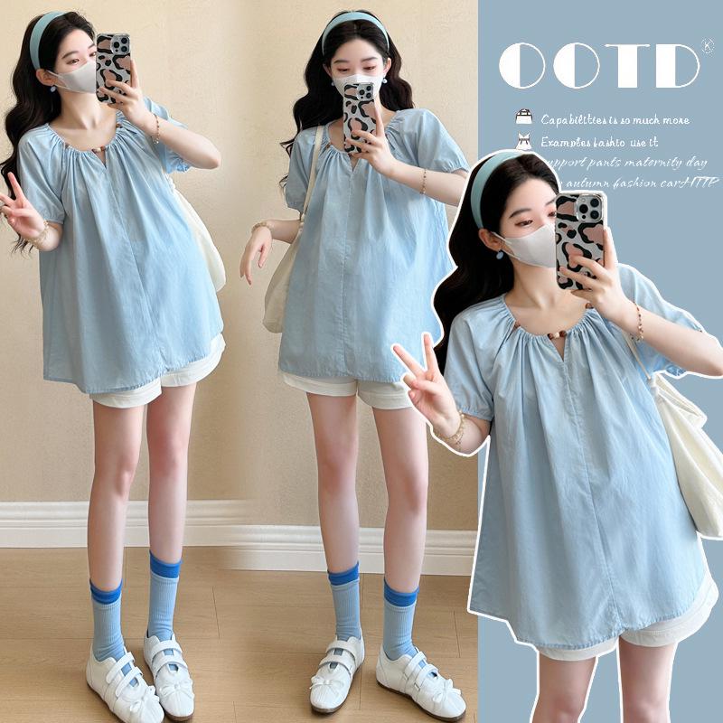 2026 Summer Maternity French Doll Shirt Top & Belly Support Shorts Set