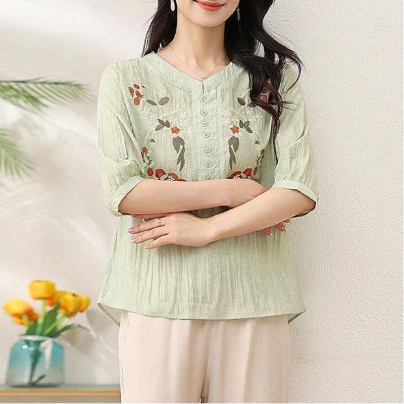 Women Pink V Neck Floral Embroidery Half Placket Three Quarter Sleeve Cotton Linen Blouse