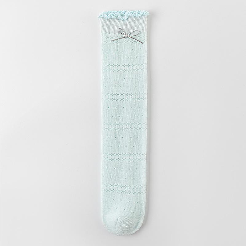 Girls Summer Thin Mesh Socks Sweet Princess Bow Ruffle Breathable Hollow Solid Mid Tube Childrens Stockings