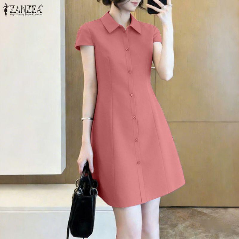 ZANZEA Women Casual Turn Down Collar Short Sleeve Dress