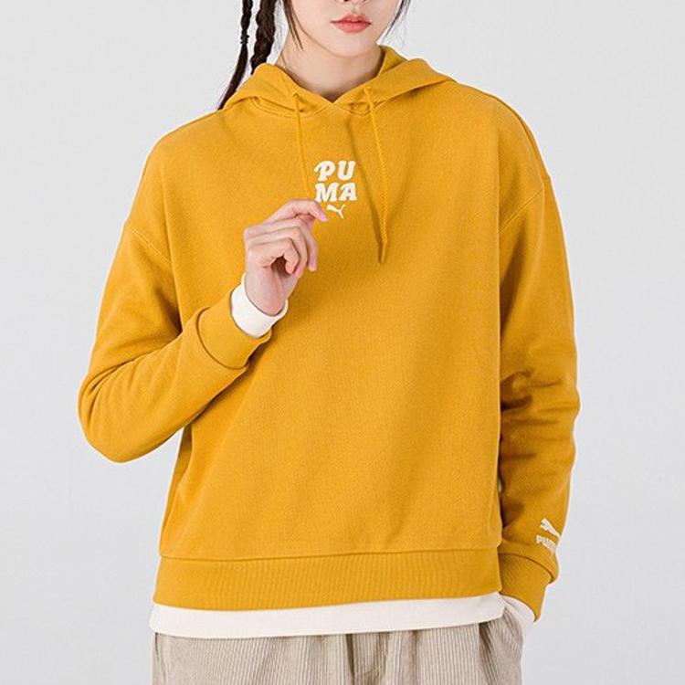 Puma Layered Print Hoodie With Faux Double-Layer Women Tops Orange Yellow 536091-80