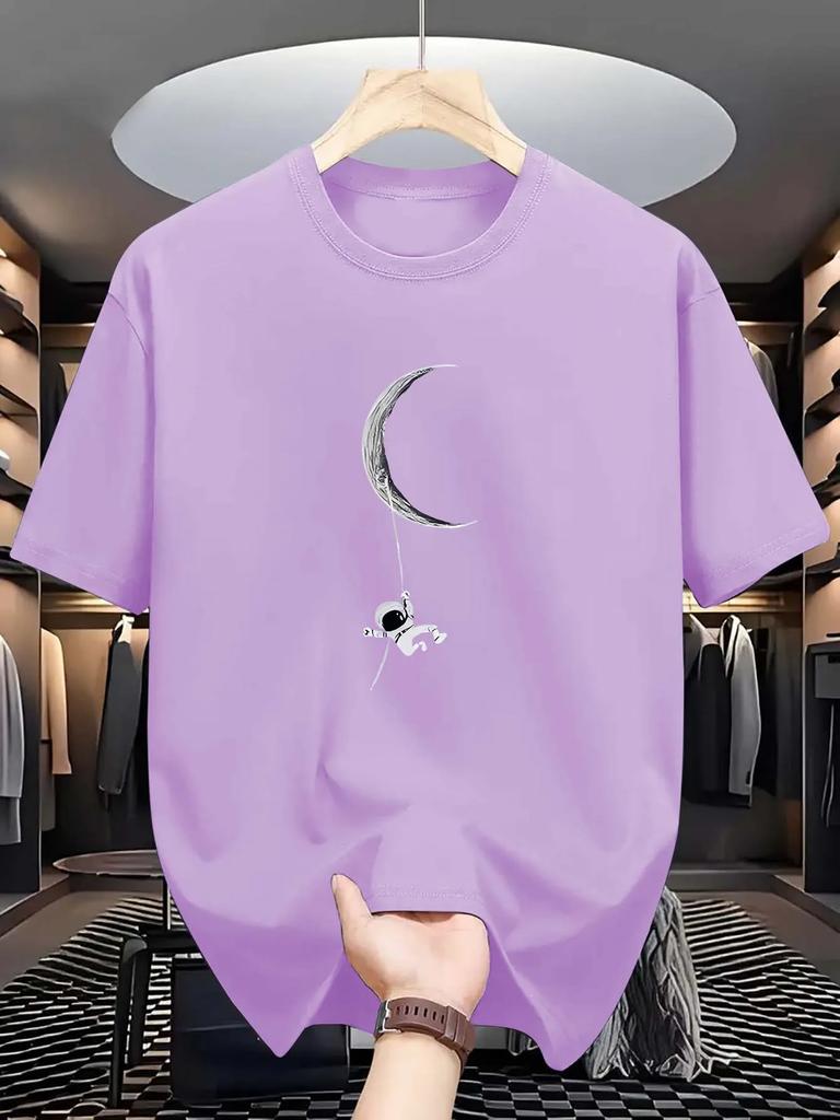 Astronaut & Moon Print Men'S T-shirt, Casual Short Sleeve Crew Neck Tee,   Composition, Regular Fit, Slight Stretch