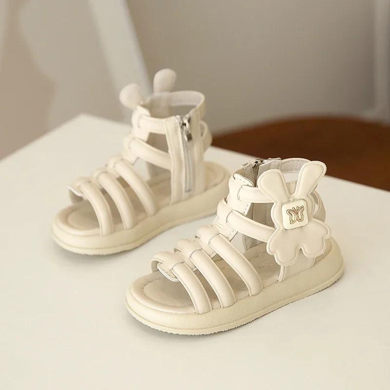Kids Beach Shoes Open Toes Non-slip Girls Roman Sandals with Cute Rabbit Ins Trendy 2025 New Fashion Children Princess Shoes