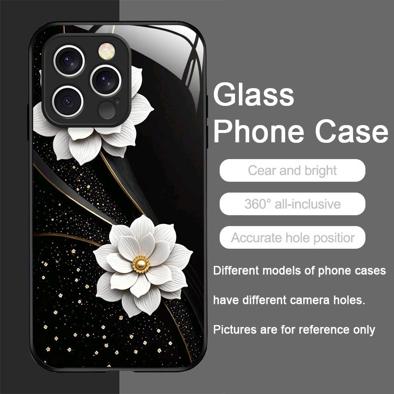 Elegante Custodia in Vetro Temperato con Motivo Fiore di Loto per iPhone 17 16 Pro Max 15 14 13 12 Mini 11 X XS MAX XR 7 8 Plus Cover