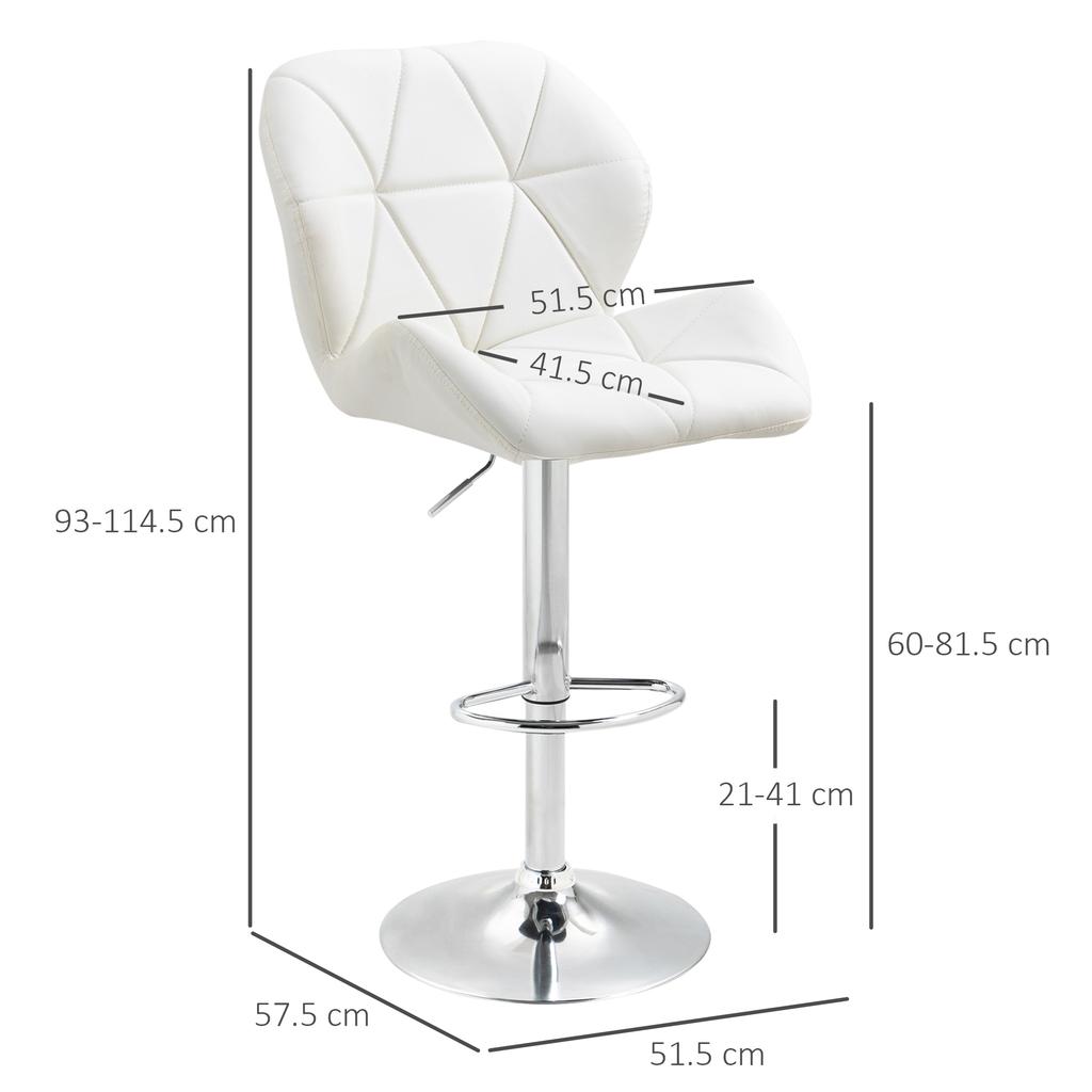 Set of 2 Bar Stools with Adjustable Height, Metal Base and PU Leather Seat, Kitchen Stools with Backrest and Footrest, 51.5x57.5x93-114.5cm, White