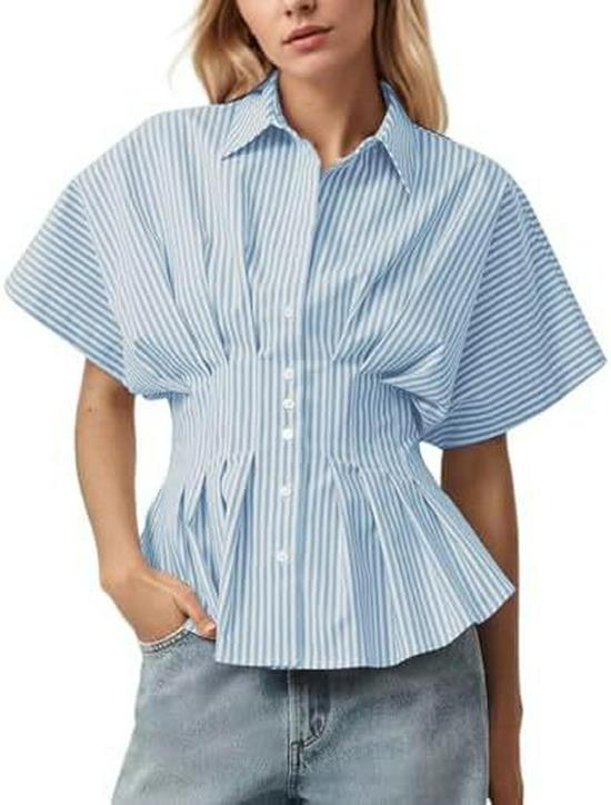 MISSACTIVER Women s Striped Ruffle Button-Down Shirt, Short Sleeve, Summer Casual Fit L
