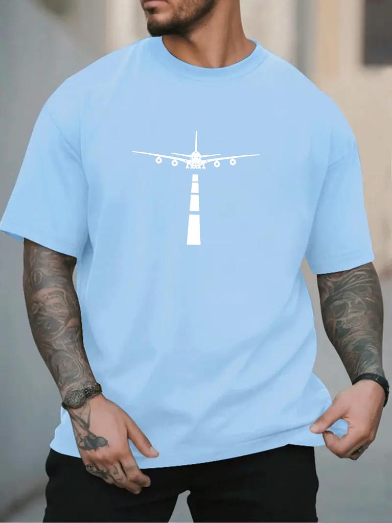 Unisex O Neck Tee Airplane Runway Silhouette Graphic Print Cotton Short Sleeve Loose Summer Breathable Daily Casual Basic Wear Top