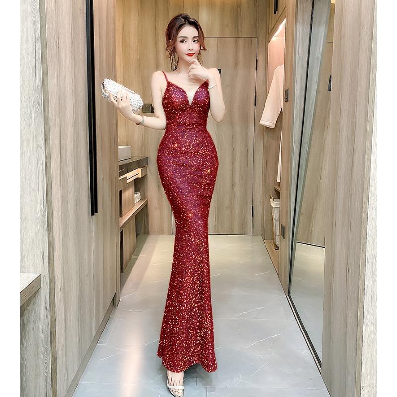 

Высококачественное маленькое вечернее платье женственность королева банкет бретельки темперамент платье-русалка золотой длинный день рождения продвинутая текстура S бордовый