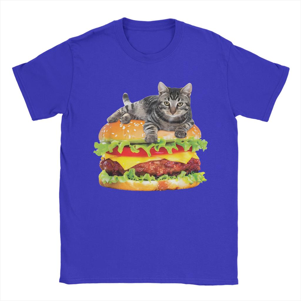 Men Hamburger Space Cat Funny Kitty T-Shirts  Pure Cotton Top Tees Beach Street Style T-Shirt O-Neck Trending Tee Shirt Big Size