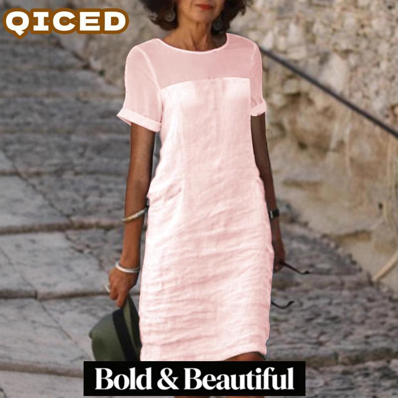 QICED Abiti casual estivi e primaverili a tinta unita con stampa, manica corta, girocollo