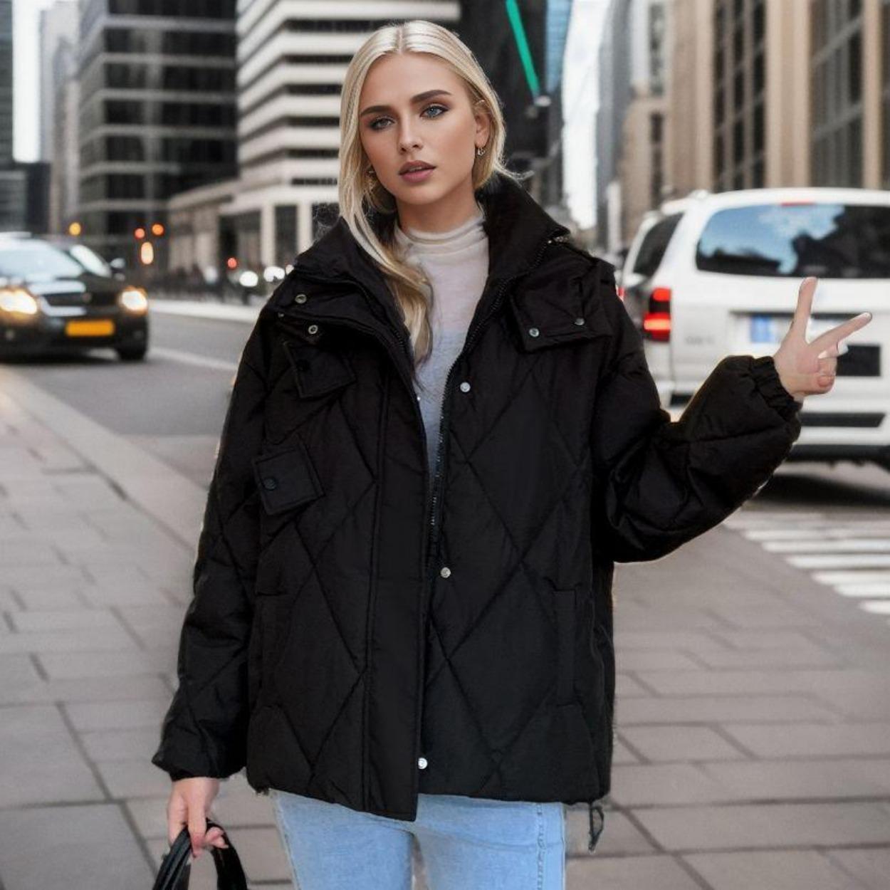 

Женский зимний модный и темпераментный хлебный костюм, короткий хлопковый костюм, свободное пальто с капюшоном XXL чёрный