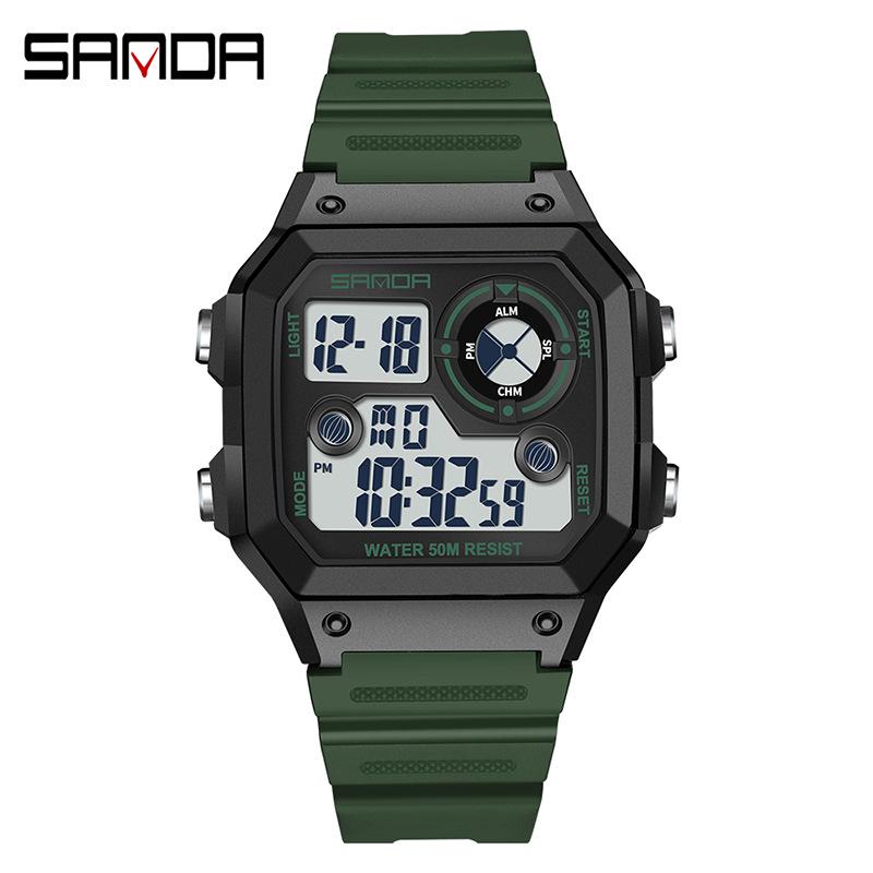 Sanda Unisex Fashionable Square Luminous Multifunctional Waterproof Electronic Watch